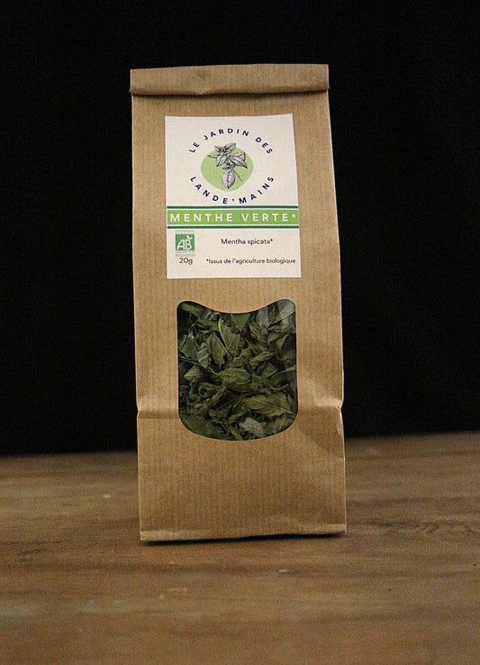 sachet de feuilles de menthe verte séchées cultivées en Normandie en Agriculture Biologique