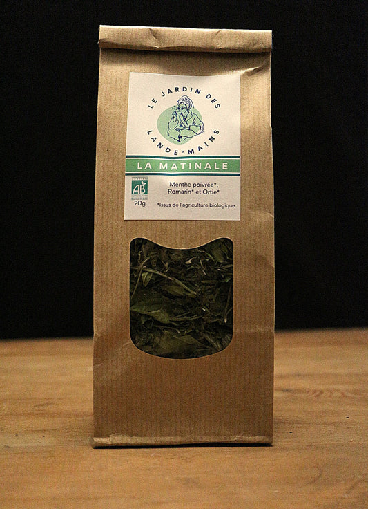 Sachet de tisane de plantes aromatiques cultivées en Normandie par le jardin des lande'mains en agriculture biologique, menthe poivrée, romarin, ortie